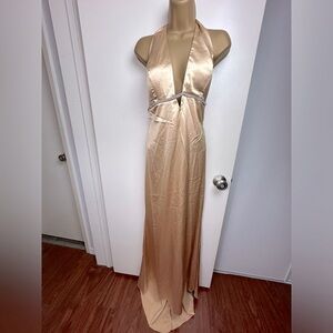 Aspeed Gold Satin HalterNeck Open Back Rhinestones Long Formal Dress NWT M *Flaw